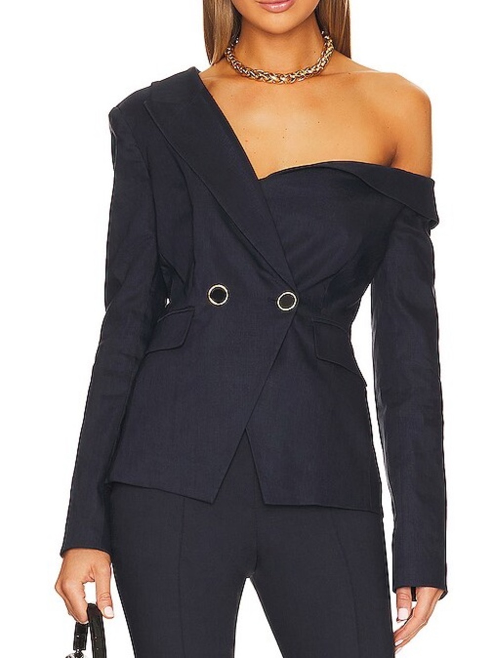 Veronica Beard Mazur Navy Blue Linen Blend One Shoulder Blazer Jacket 4
